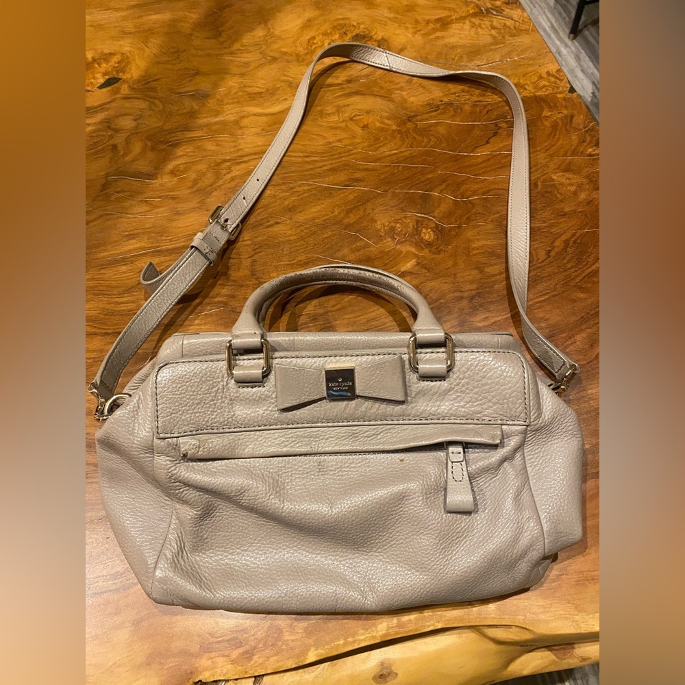 Kate Spade Pebbled Leather Beige Satchel Bag w/Bow and Crossbody Strap
